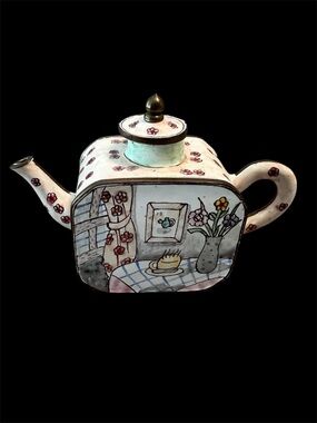 Enameled Miniature Teapot Collectible in Cream with Kitchen Floral Design